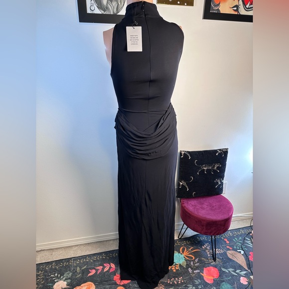 Helsa The Ophelia Dress in Black maxi split hem sleeveless high neck draped gown - Picture 6 of 10